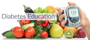 Vegetables on a table and Blood glucose test. 
Diabetes Education